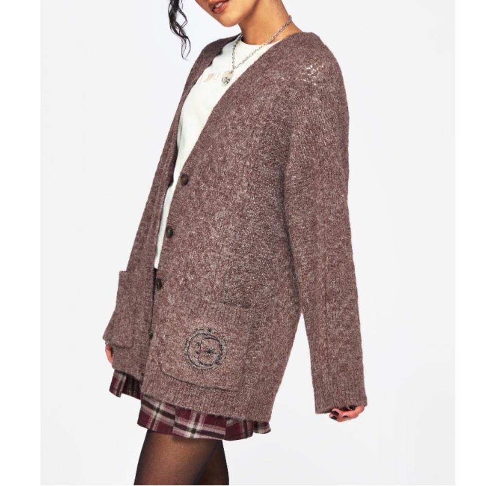 Disturbia Women's Taupe Madeline Embroidered Pointelle Knit Cardigan Size L NWT